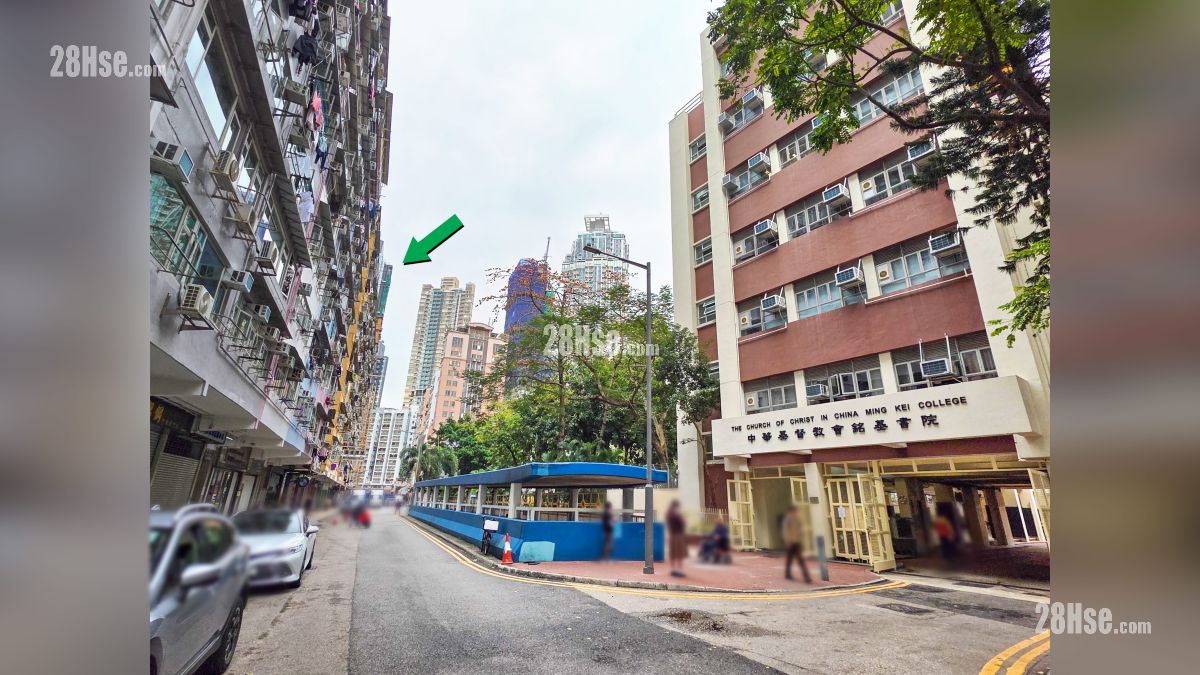 映居 附近设施 中华基督教会铭基书院, 位于橡树街, 距离(绿色箭嘴部分) 项目约 220 米