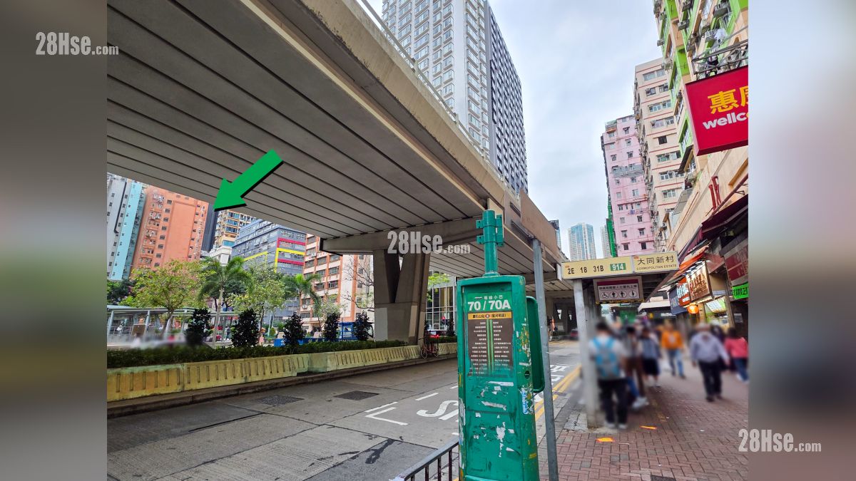 映居 交通配套 大角咀道设有巴士站与专线小巴站, 项目位于绿色箭嘴部分